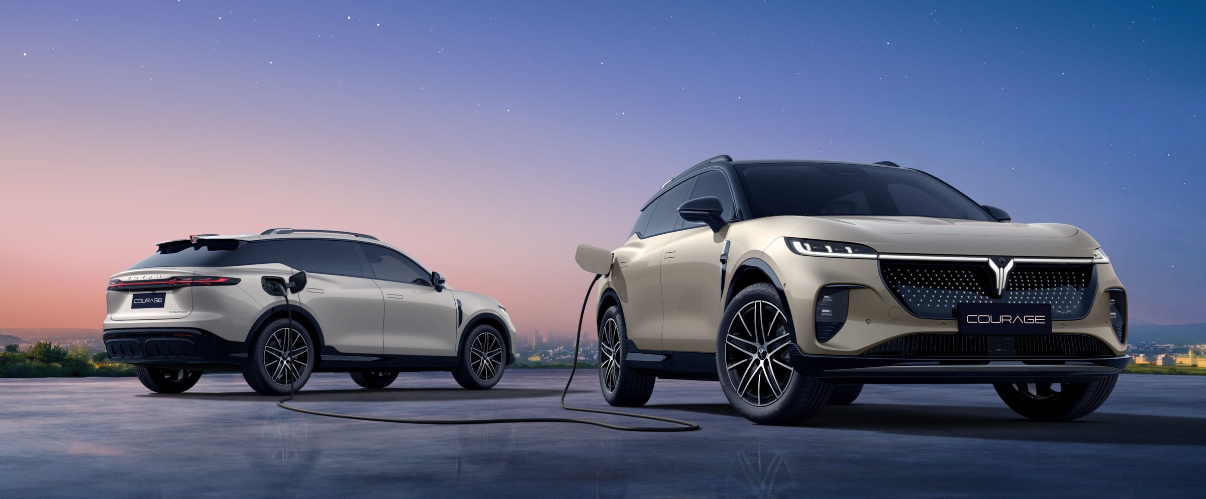 VOYAH Courage in champagne and white, charging, front and rear three-quarter views