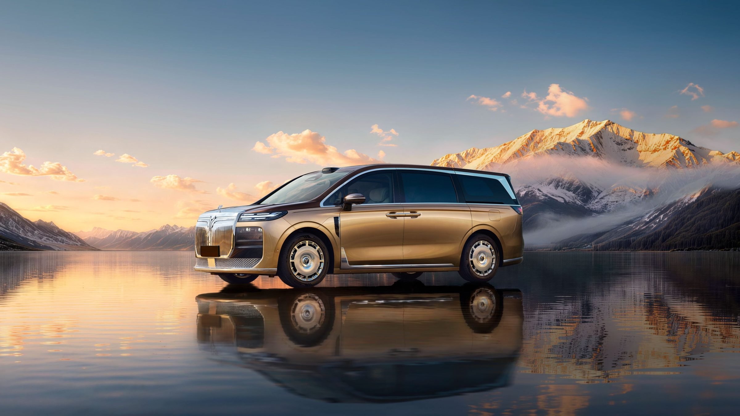 VOYAH Dream 9 in gold, front three-quarter view