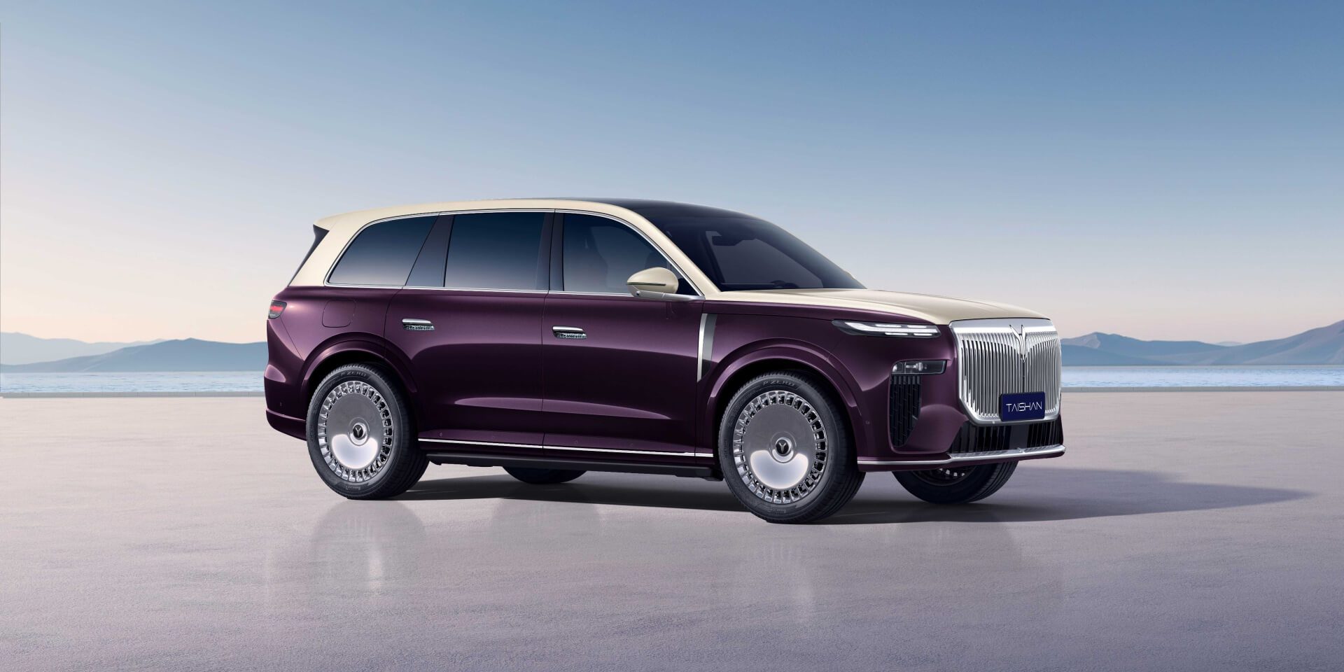 VOYAH Taishan in plum with a cream roof, front three-quarter view