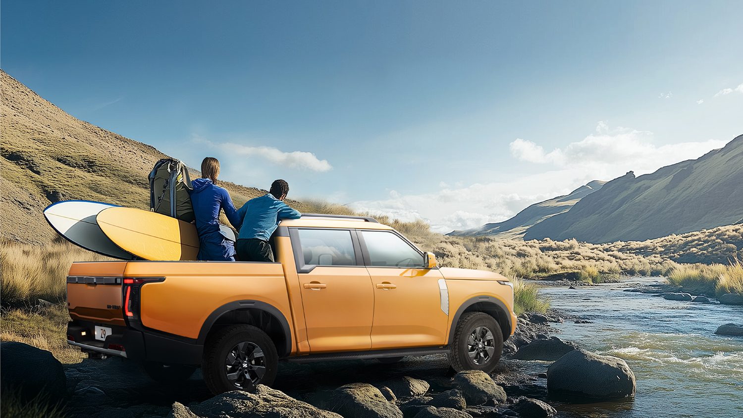 Dongfeng Z9 in orange, rear three-quarter view with surfboards in the bed