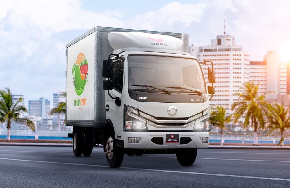 DFAC light box truck on a city street lined with palm trees