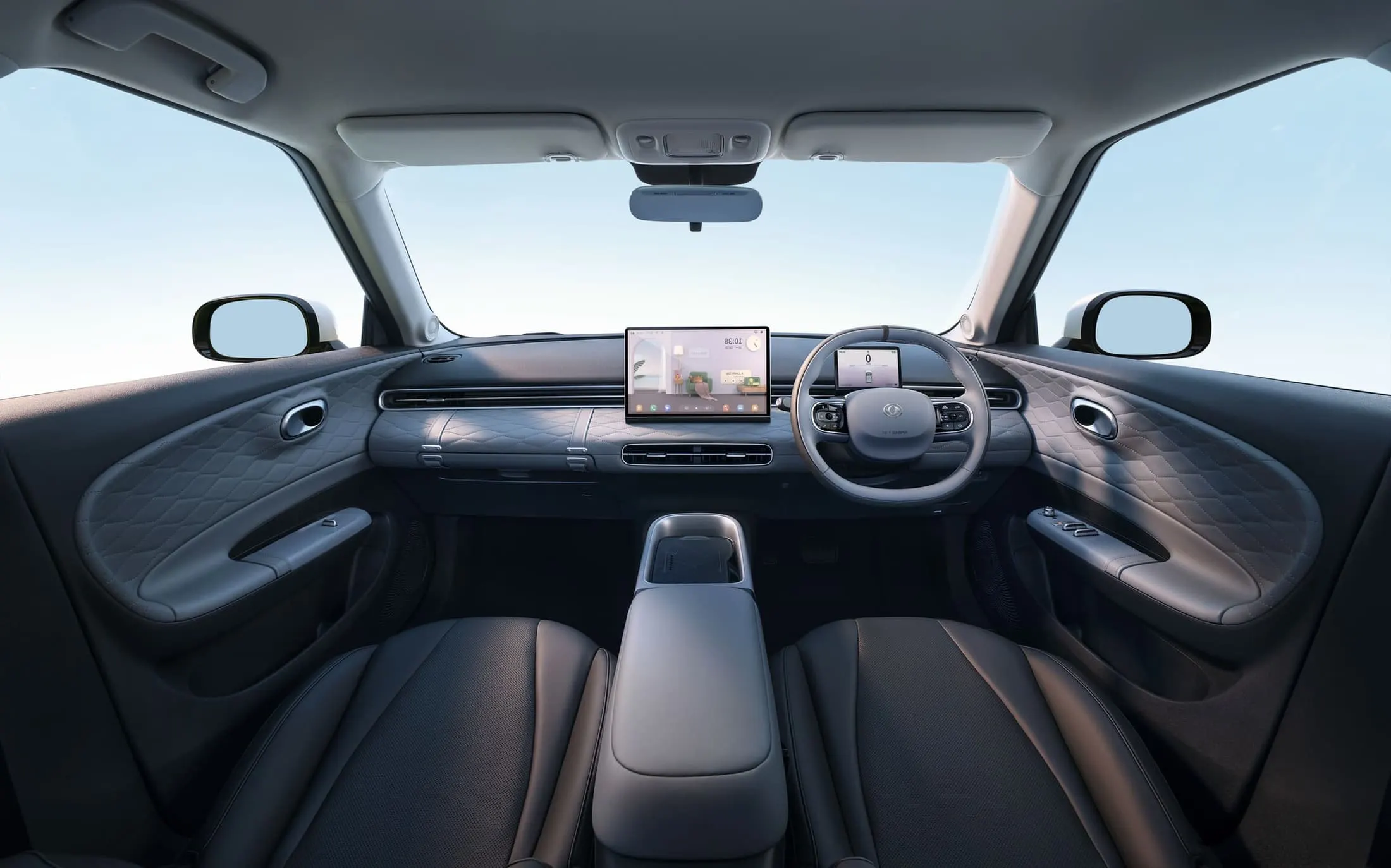 Interior of the Dongfeng Box in grey and black, right-hand drive, the trim on our cars