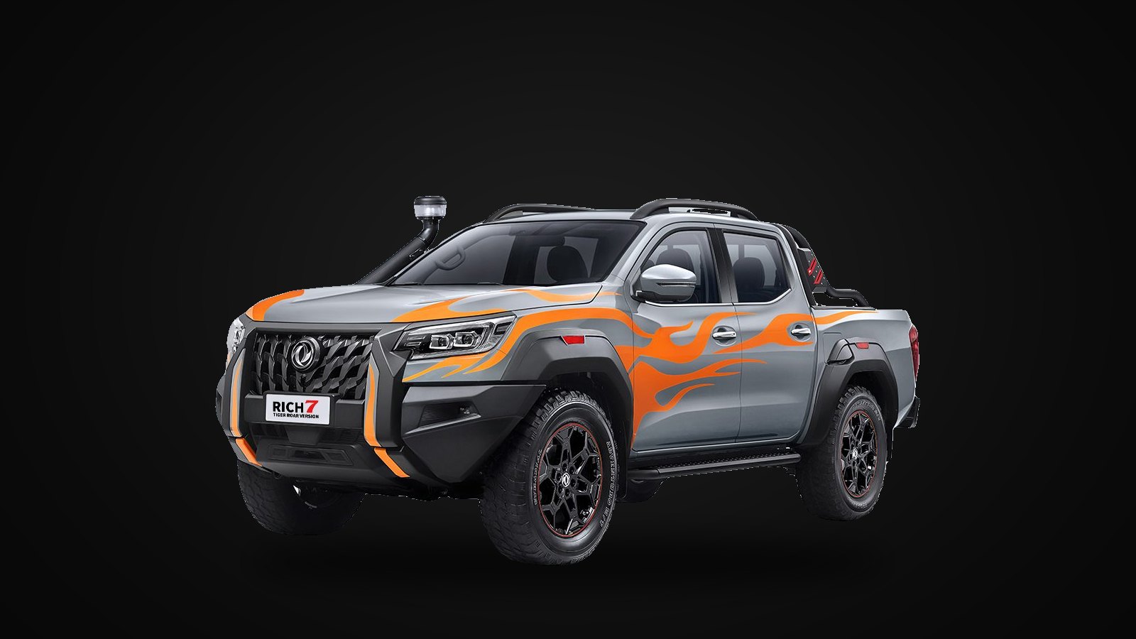 Dongfeng ZNA Rich 7 Tiger Roar in grey with orange graphics, front three-quarter view