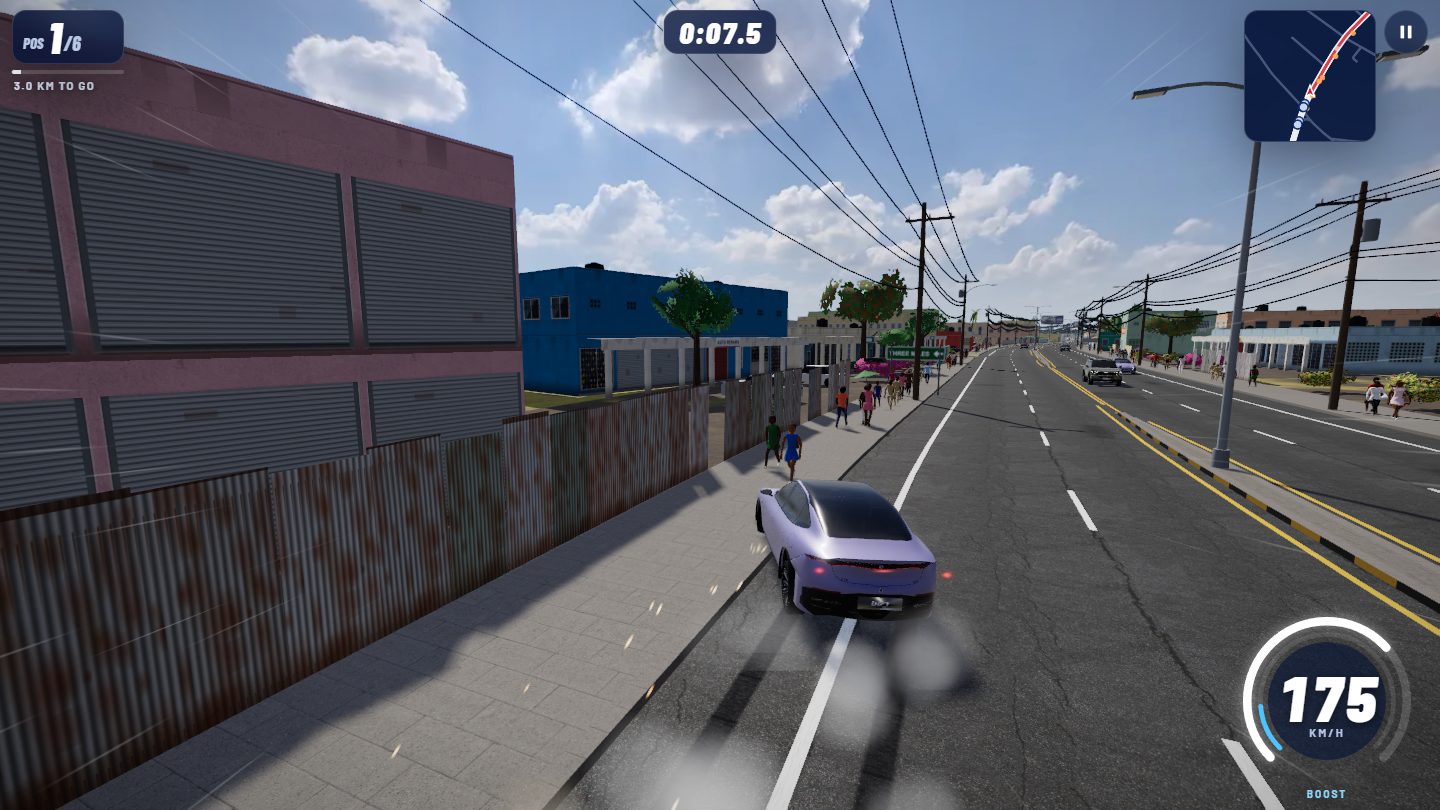 The Hagley Park Road Race game: a Dongfeng eπ007 drifting past shops and people on Hagley Park Road
